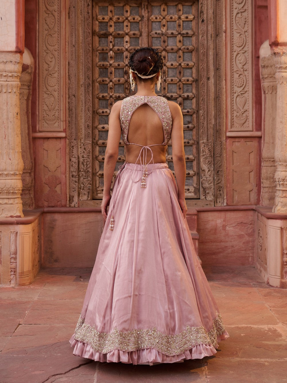 Blush pink glass tissue silk blouse, lehenga and dupatta