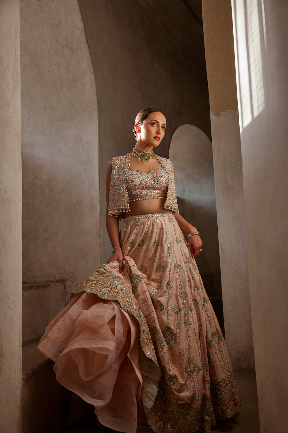 Peach Lehenga With Short Jacket And Bustier