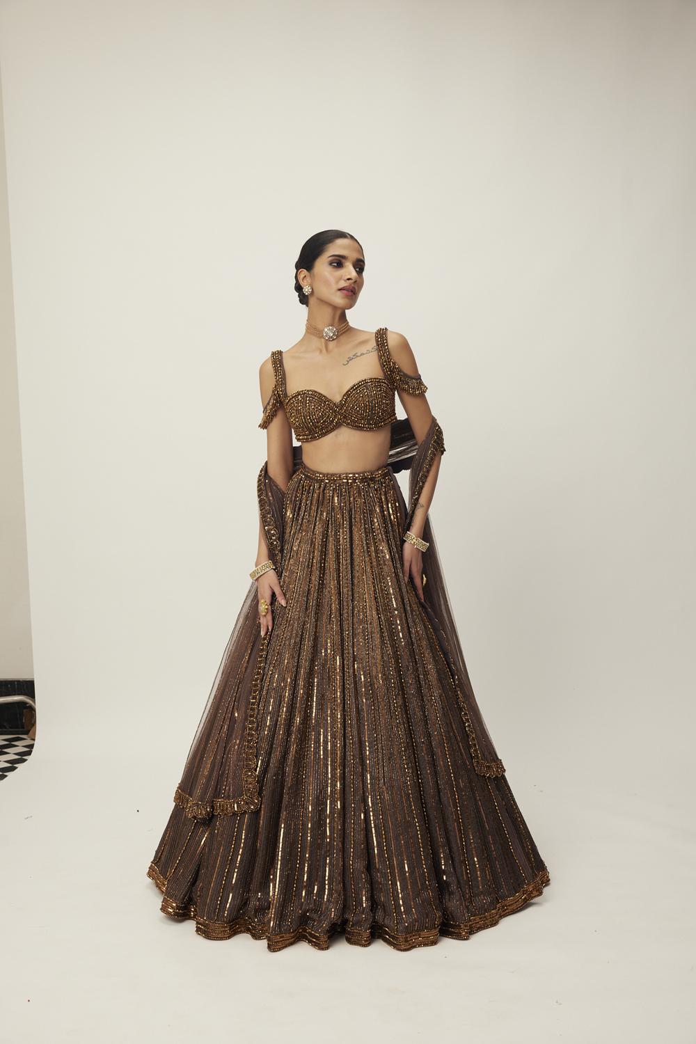 Copper Crystal Linear Embroidered Lehenga Set