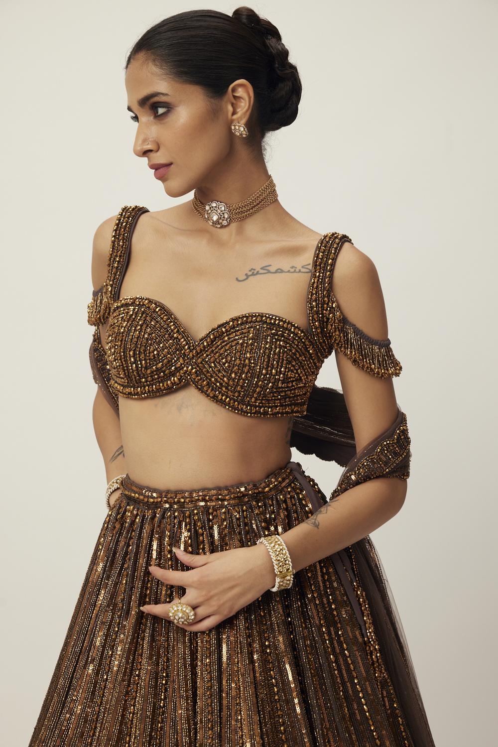 Copper Crystal Linear Embroidered Lehenga Set
