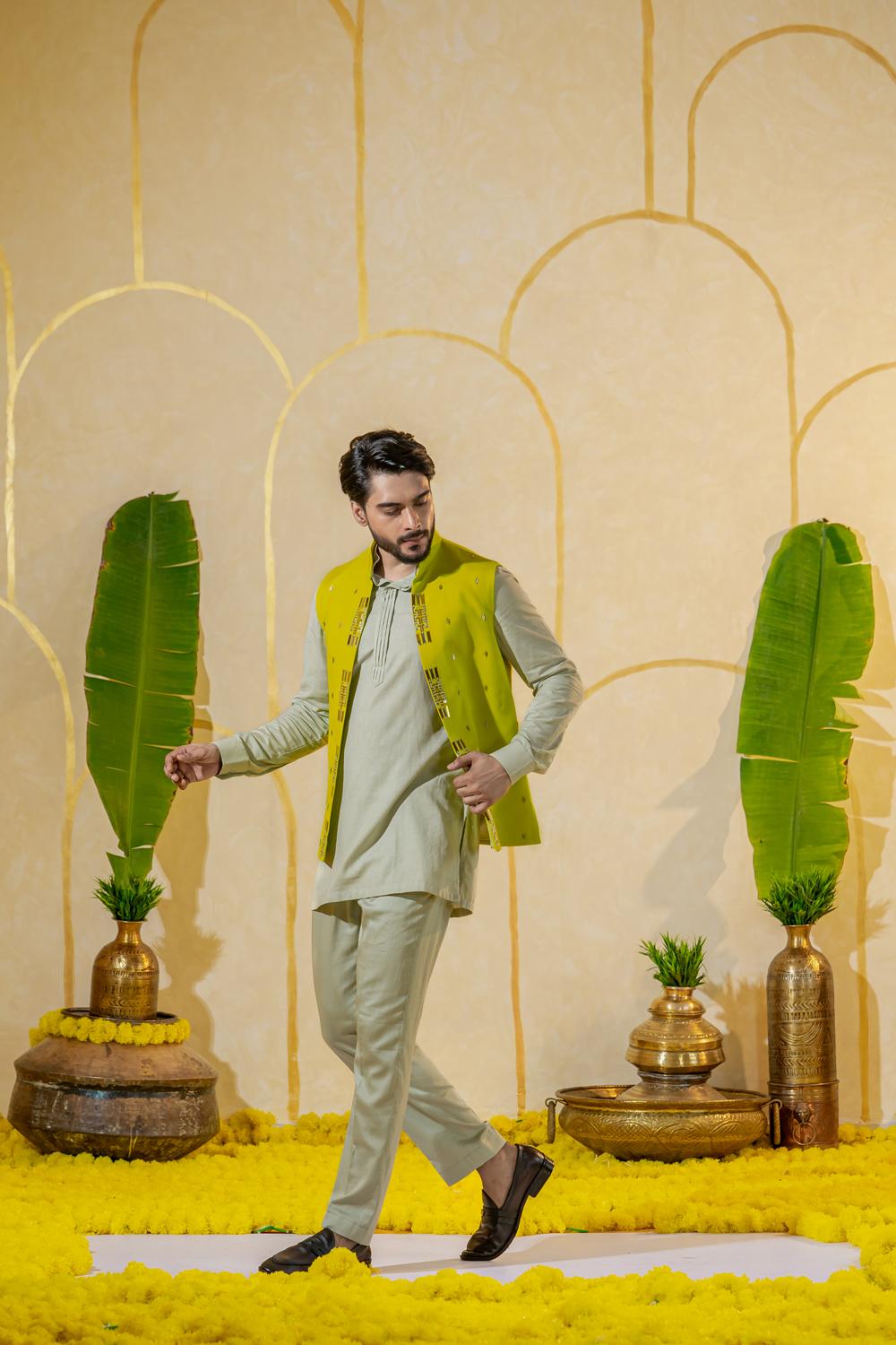 Linen Green Grey Short Kurta Set