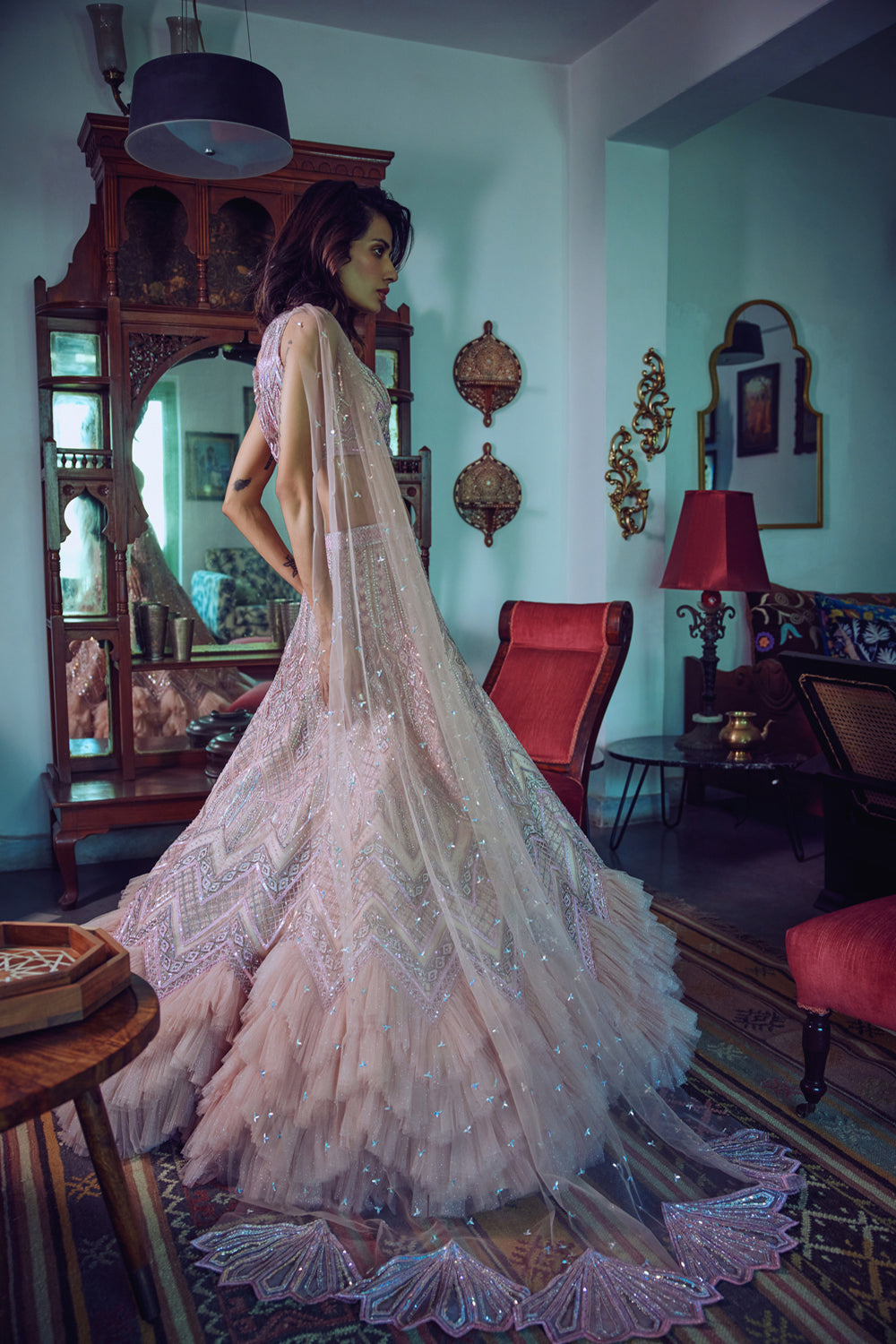Reception Glam-Wear, Hand Embroidery, Tulle, Lehenga, Frills
