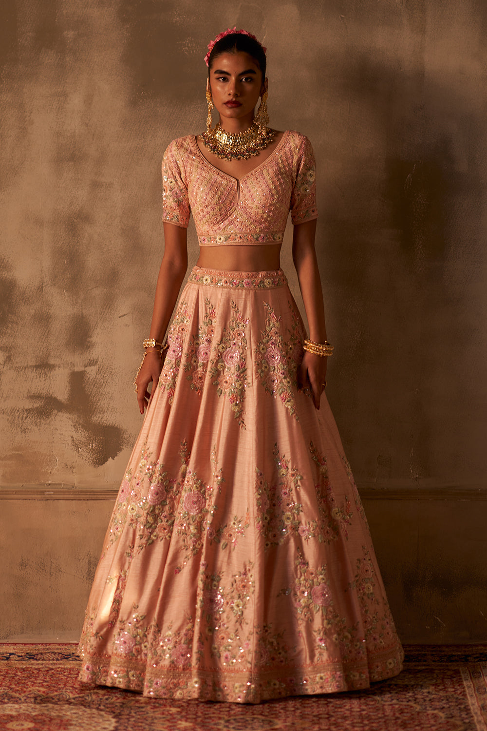 Peach Raw Silk Double Dupatta Lehenga Set