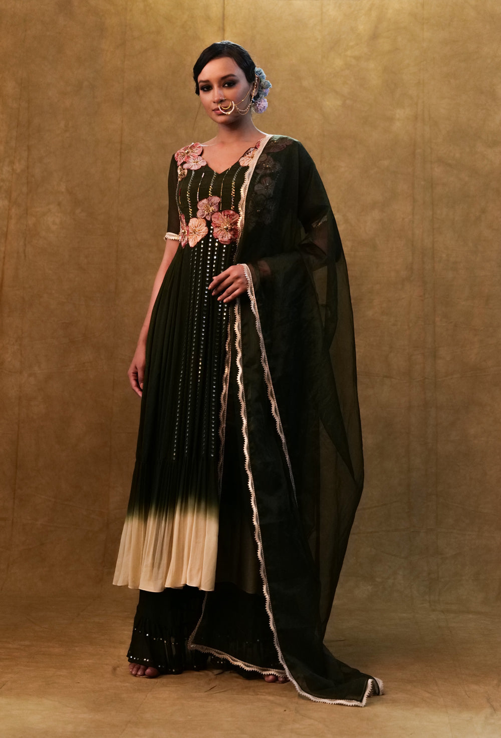 Green Shaded Anarkali Set Paired With Dupatta And Pants.
