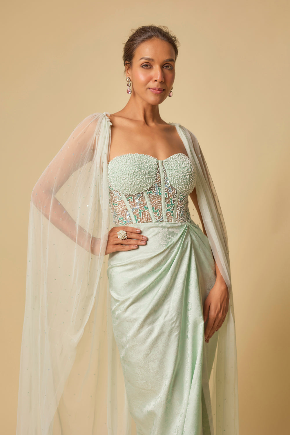 Mint Brocade Embroidered Corset Drape Gown With Cape