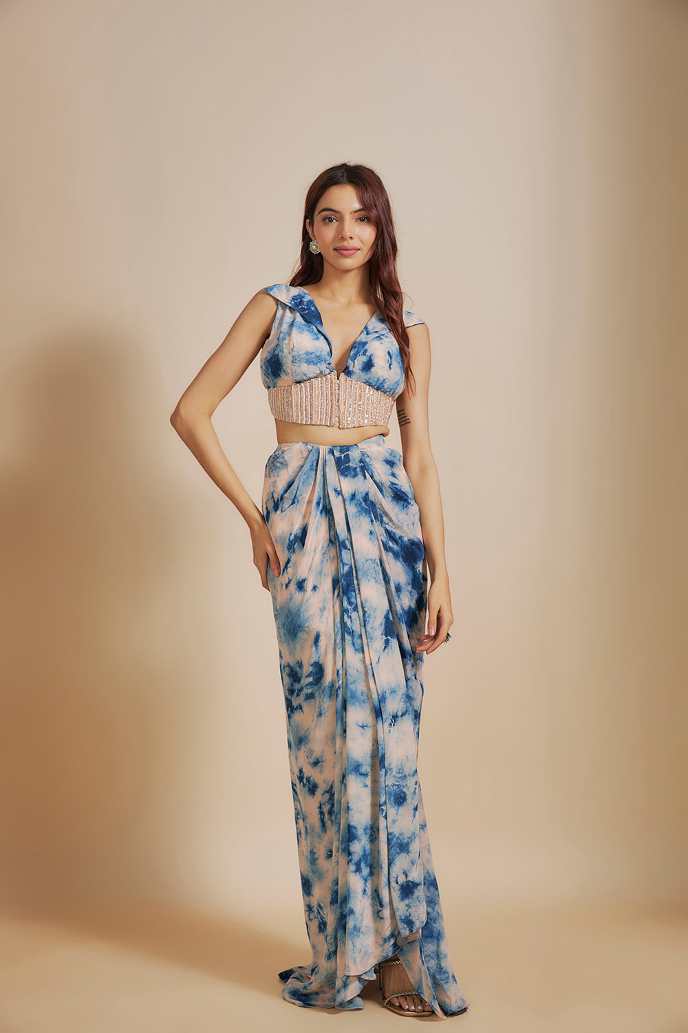 Peach/ Blue Shibori  Embroidered vest coat With Skirt