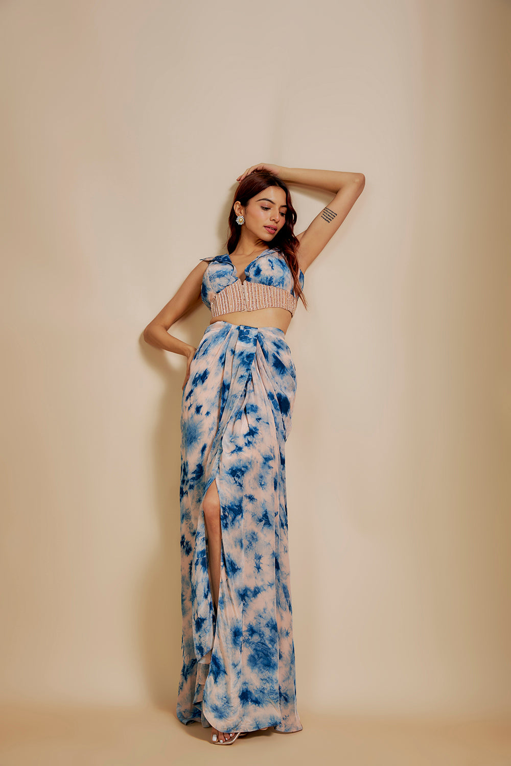 Peach/ Blue Shibori  Embroidered vest coat With Skirt