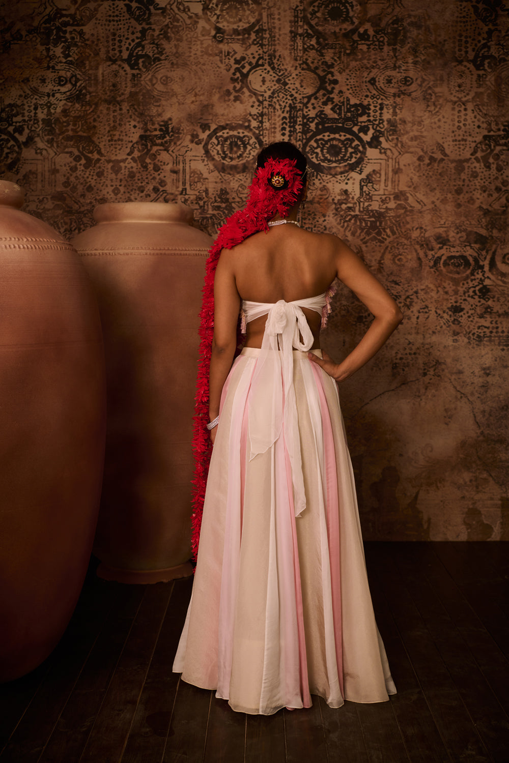 Pink Embroidered Top With Multiple Coloured Skirt