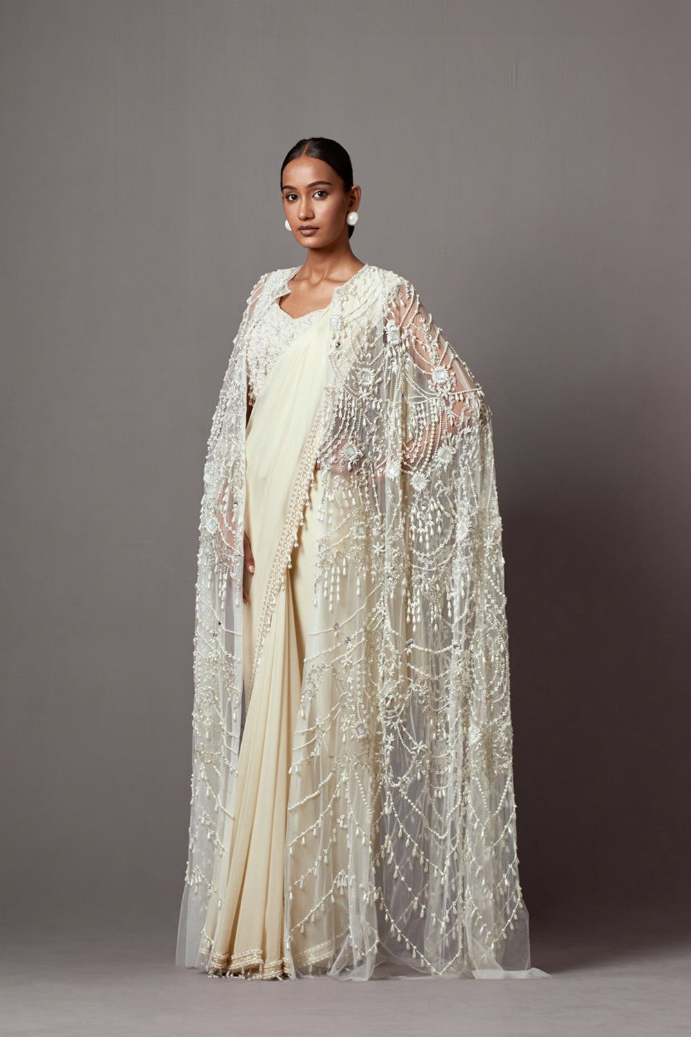 Ivory Feather Cape Sari