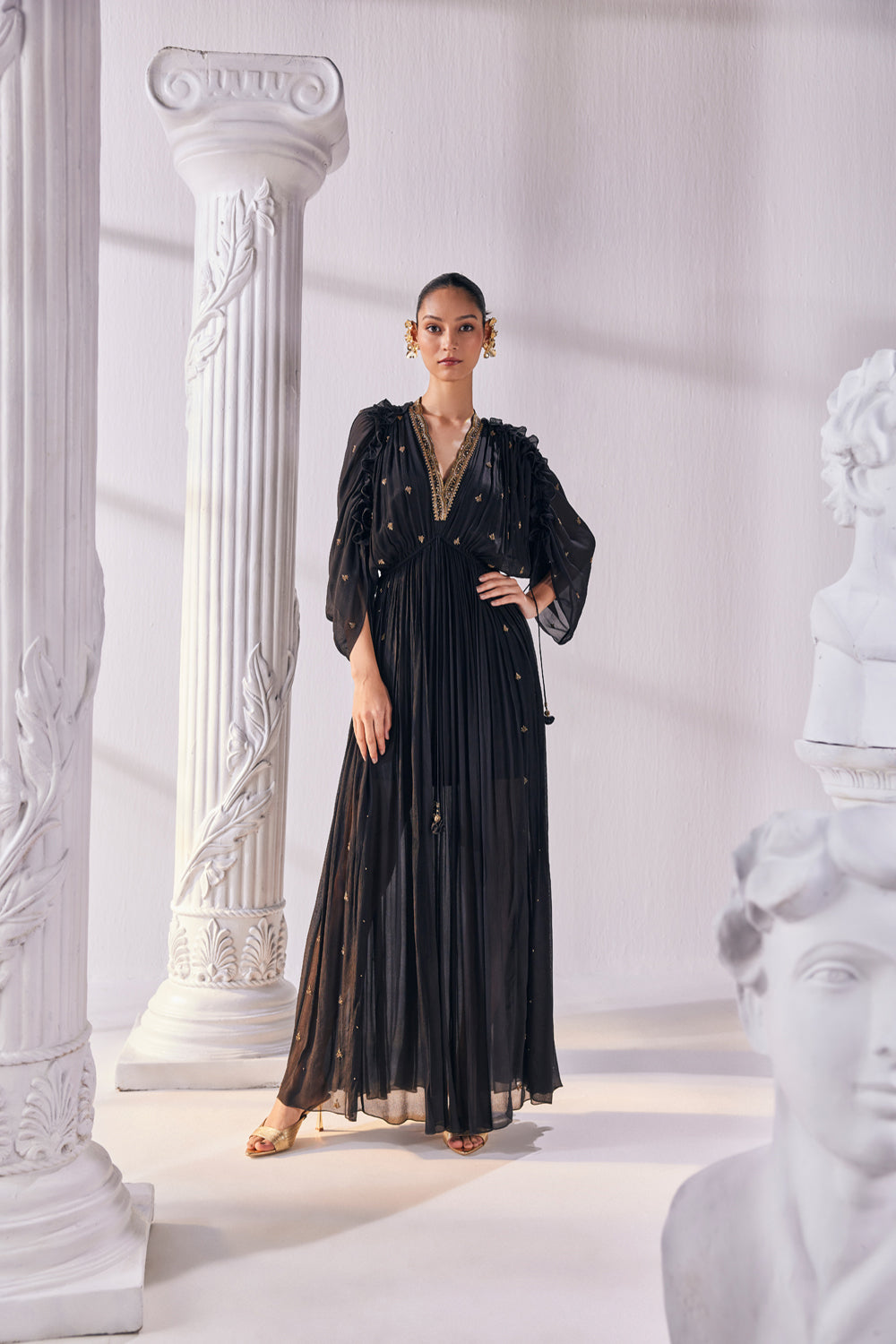Chiffon Kaftan Dress Featuring An Emroidered Plunging Neckline.