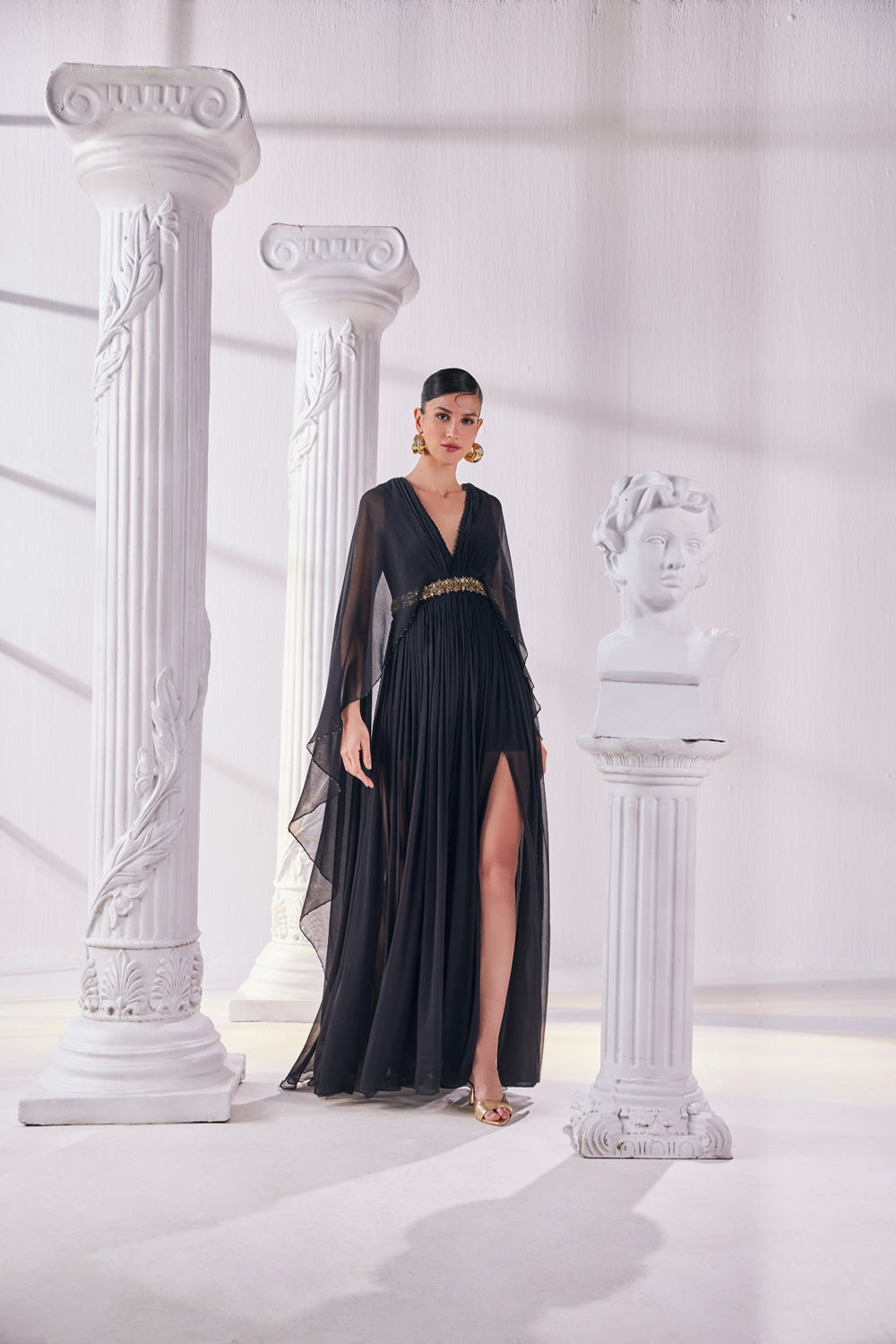 Black Chiffon Kaftan Dress Featuring An Emroidered Waistline.