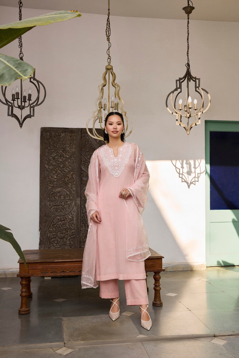 Pink Embroidered organza Suit