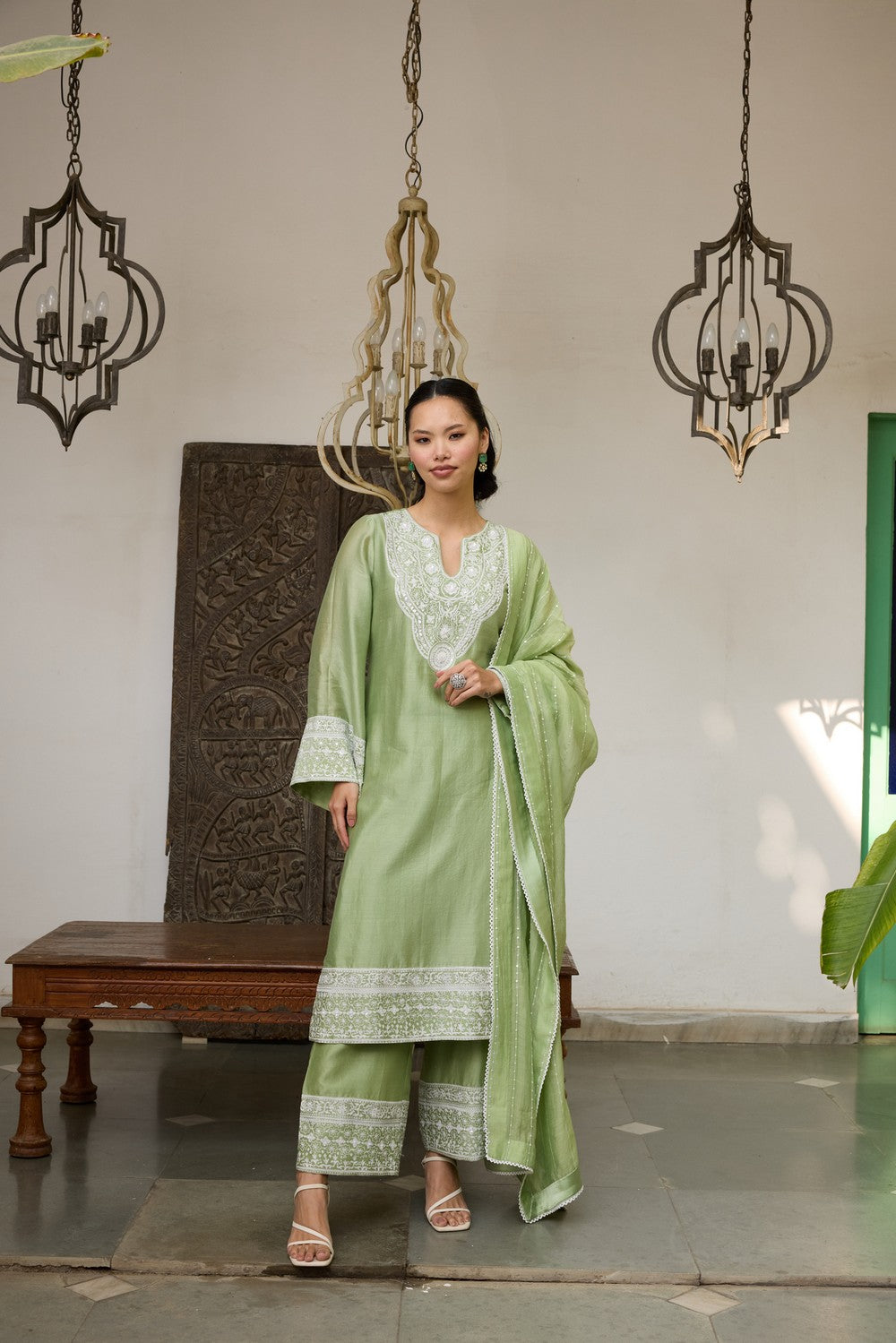 Sage Green Embroidered chanderi Silk suit