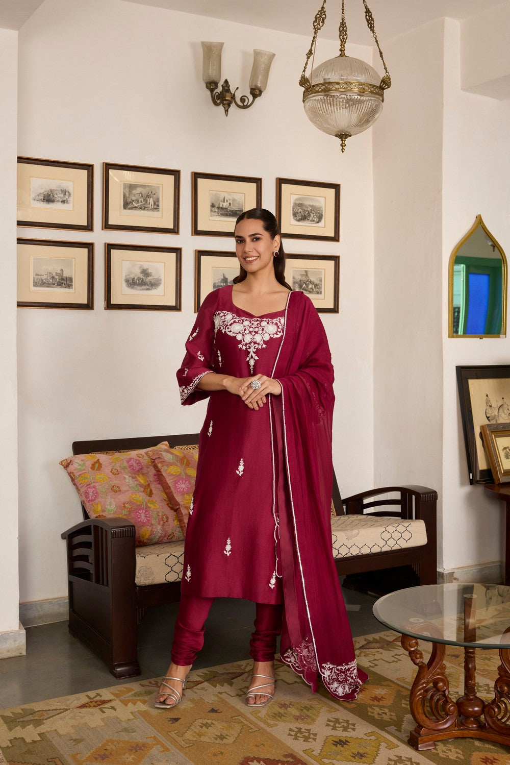 Mehroon Embroidered chanderi Silk  Suit
