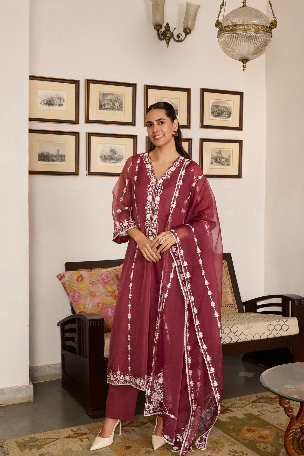 Brown Embroidered organza Suit