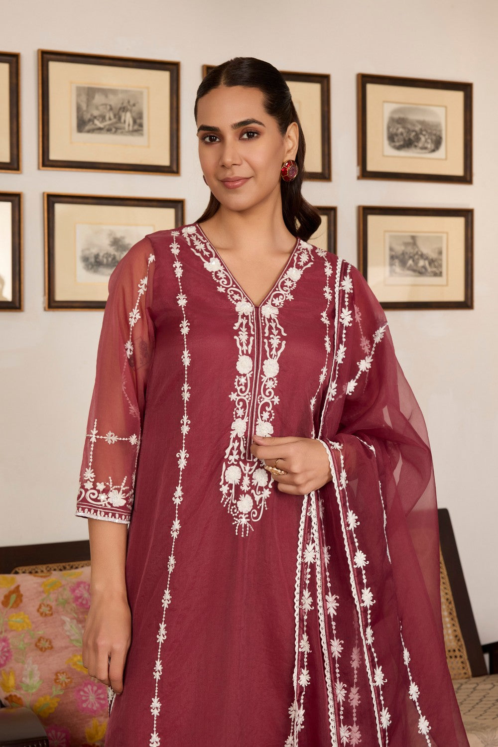 Brown Embroidered organza Suit