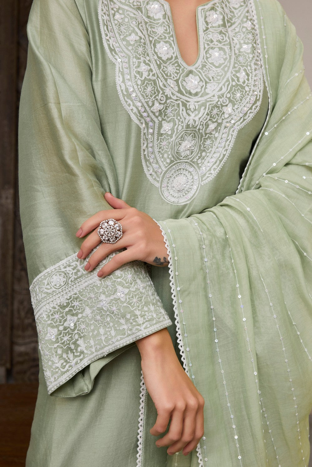 Sage Green Embroidered chanderi Silk suit