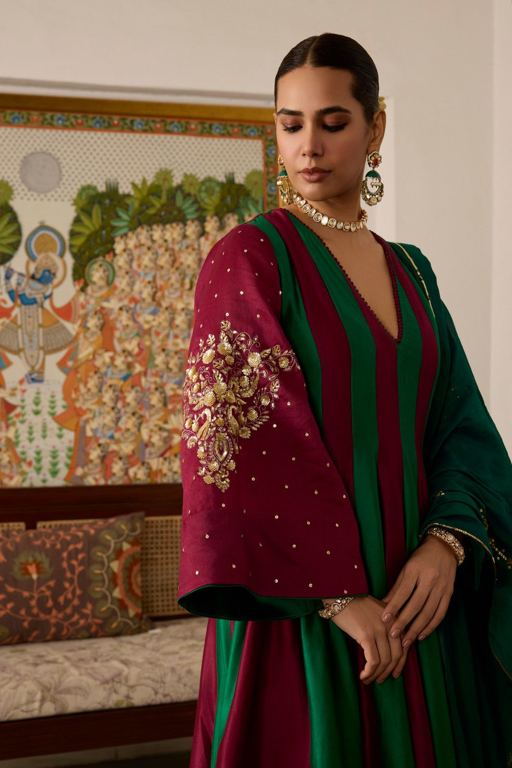 Mehroon green Embroidered chanderi Silk anarkali  Suit
