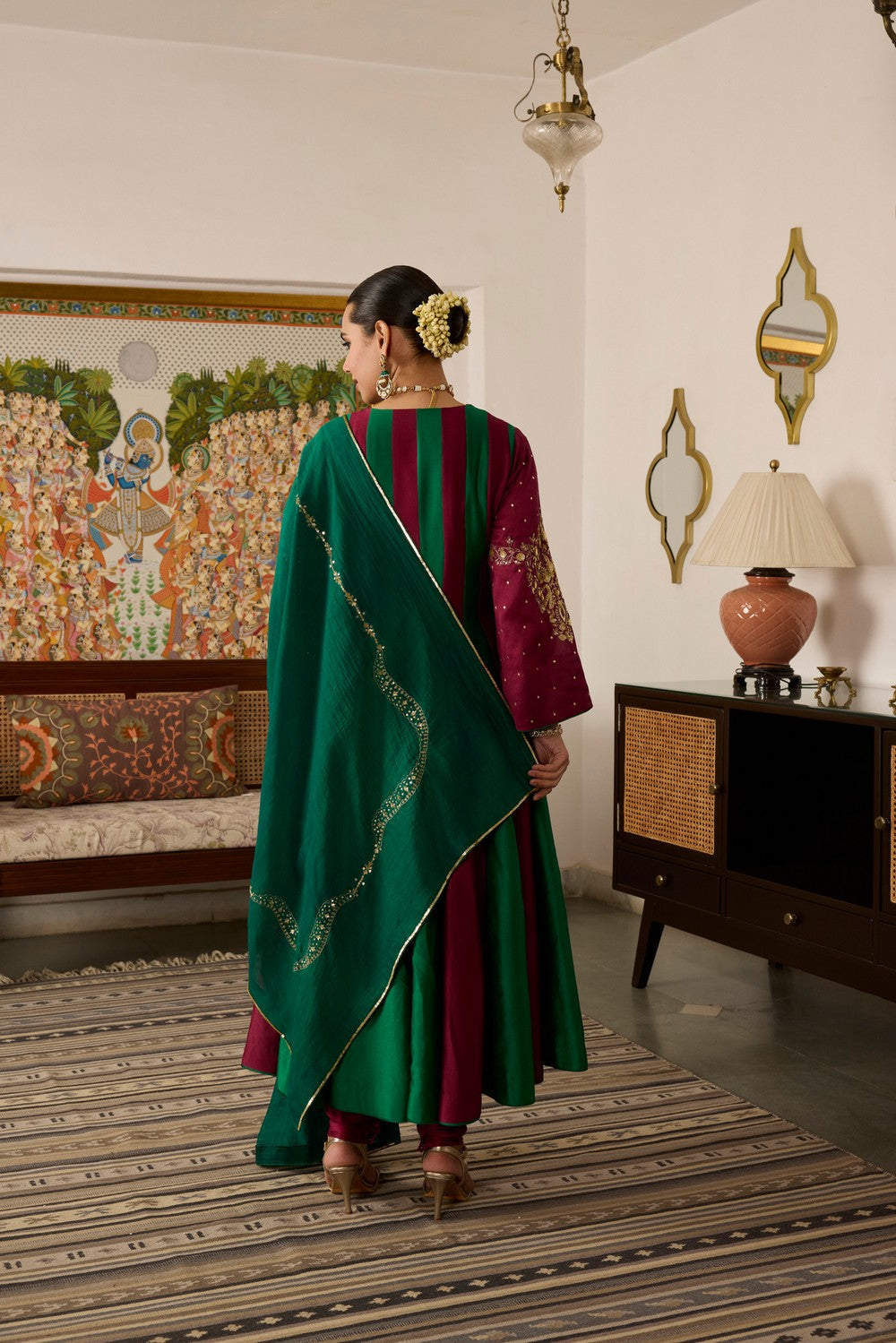 Mehroon green Embroidered chanderi Silk anarkali  Suit