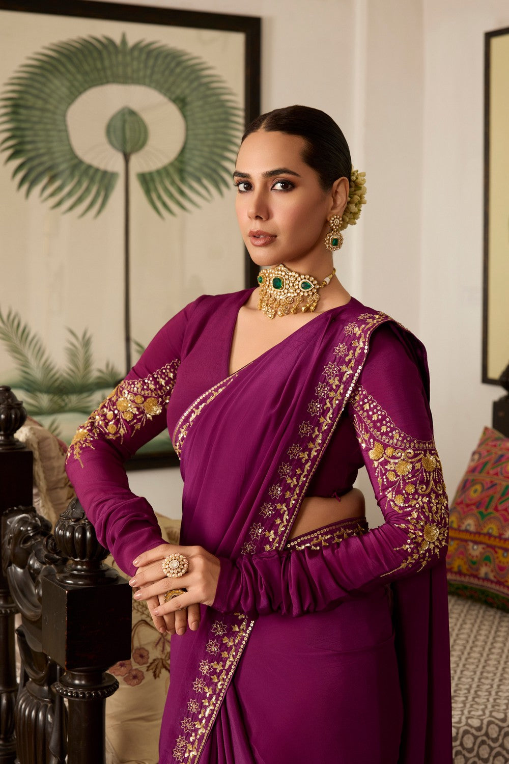 Purple Embroidered crepe saree