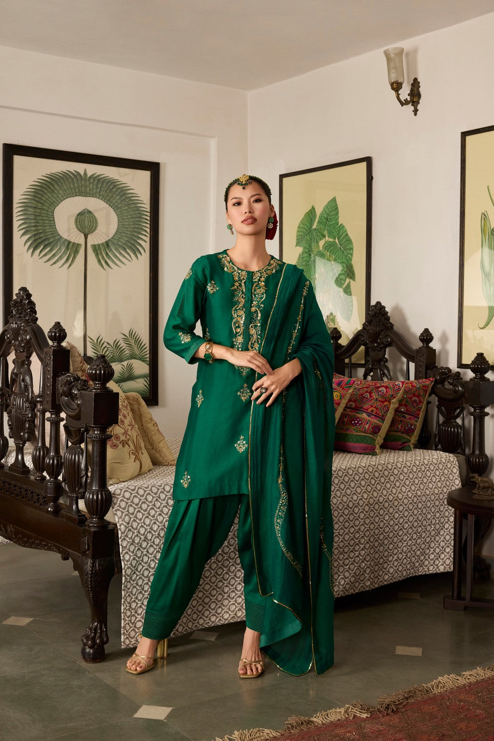 Bottle Green hand Embroidered Chanderi Silk Suit