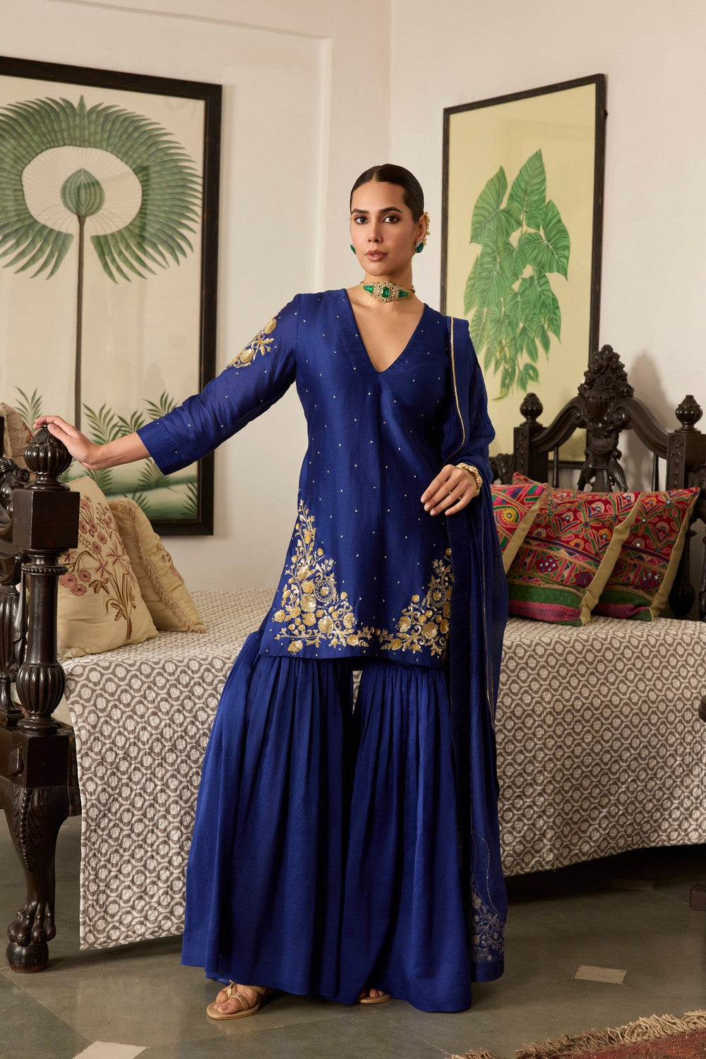 Blue hand Embroidered Chanderi Silk sharara suit