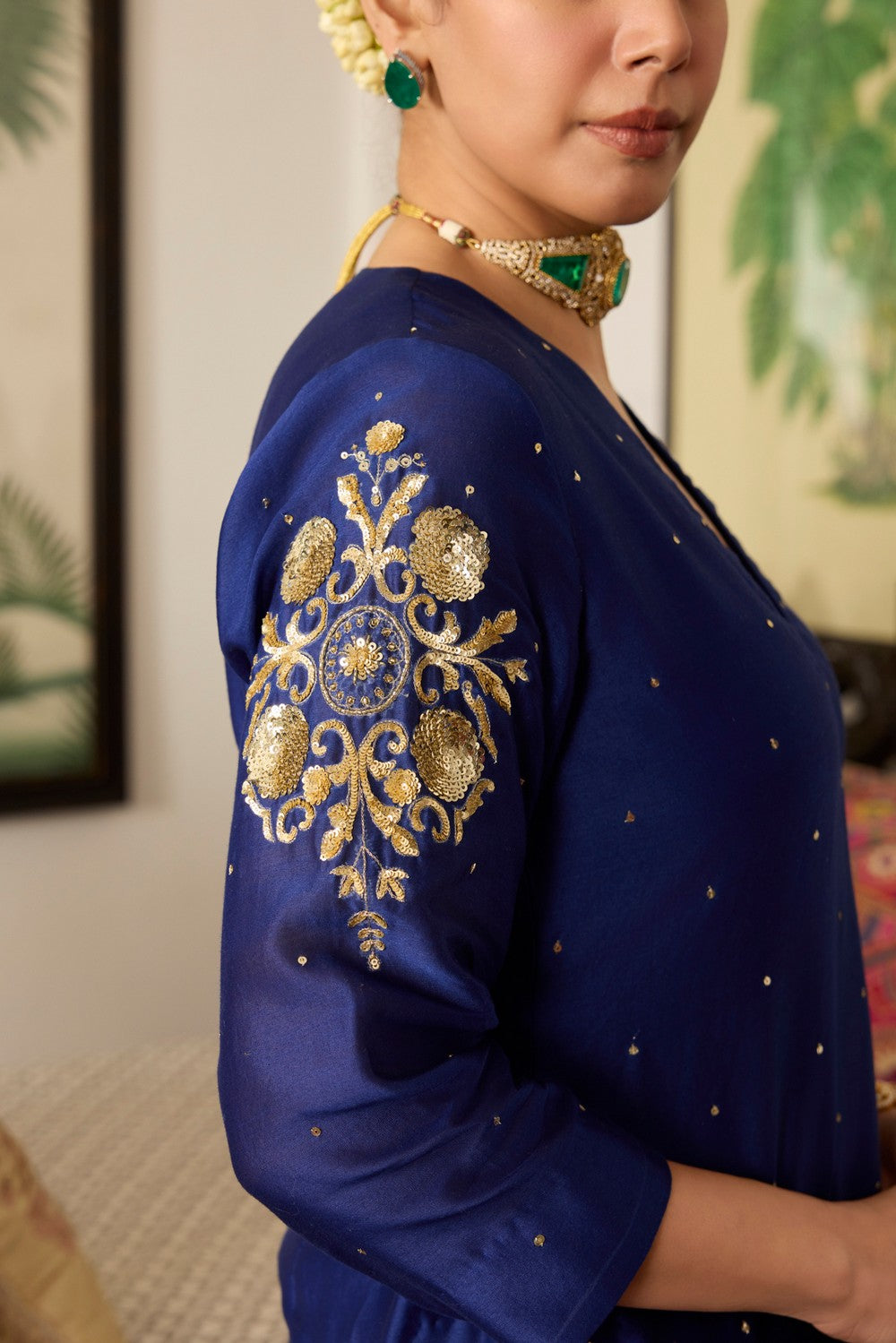 Blue hand Embroidered Chanderi Silk sharara suit