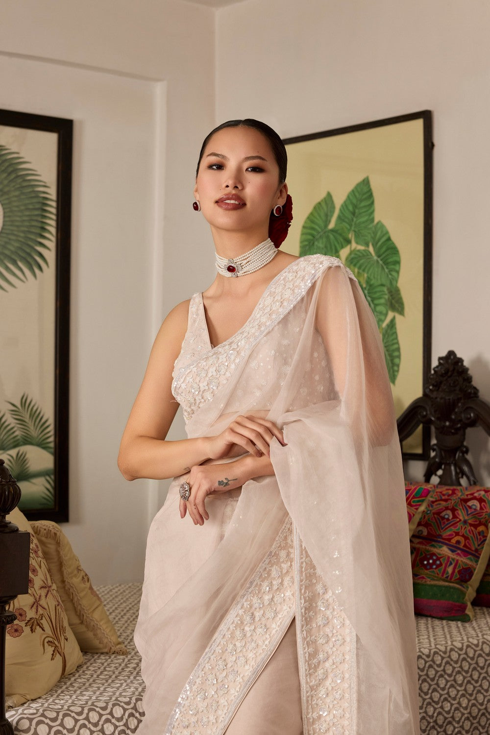 Rose pink Embroidered organza saree