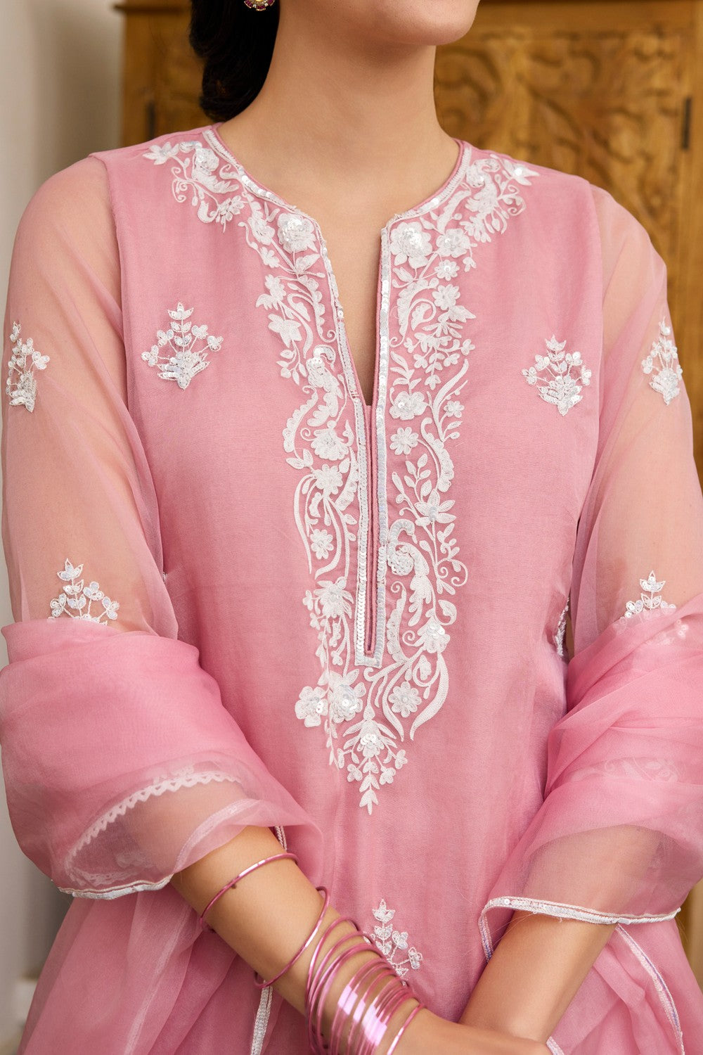 Pink Embroidered organza Suit