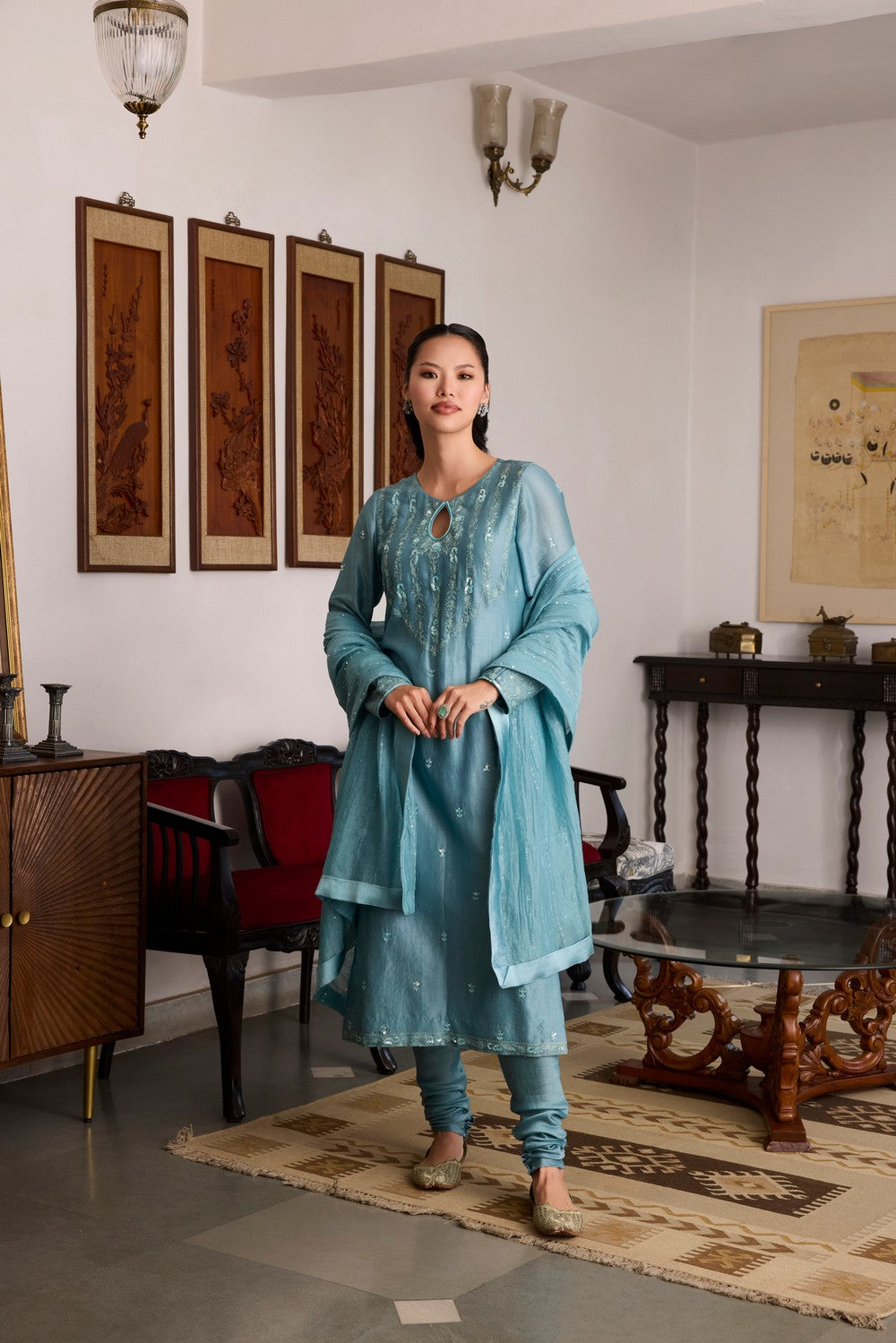 Blue Embroidered chanderi Silk Suit