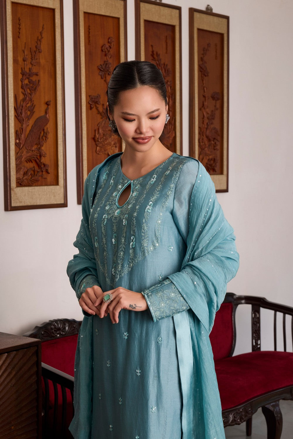 Blue Embroidered chanderi Silk Suit