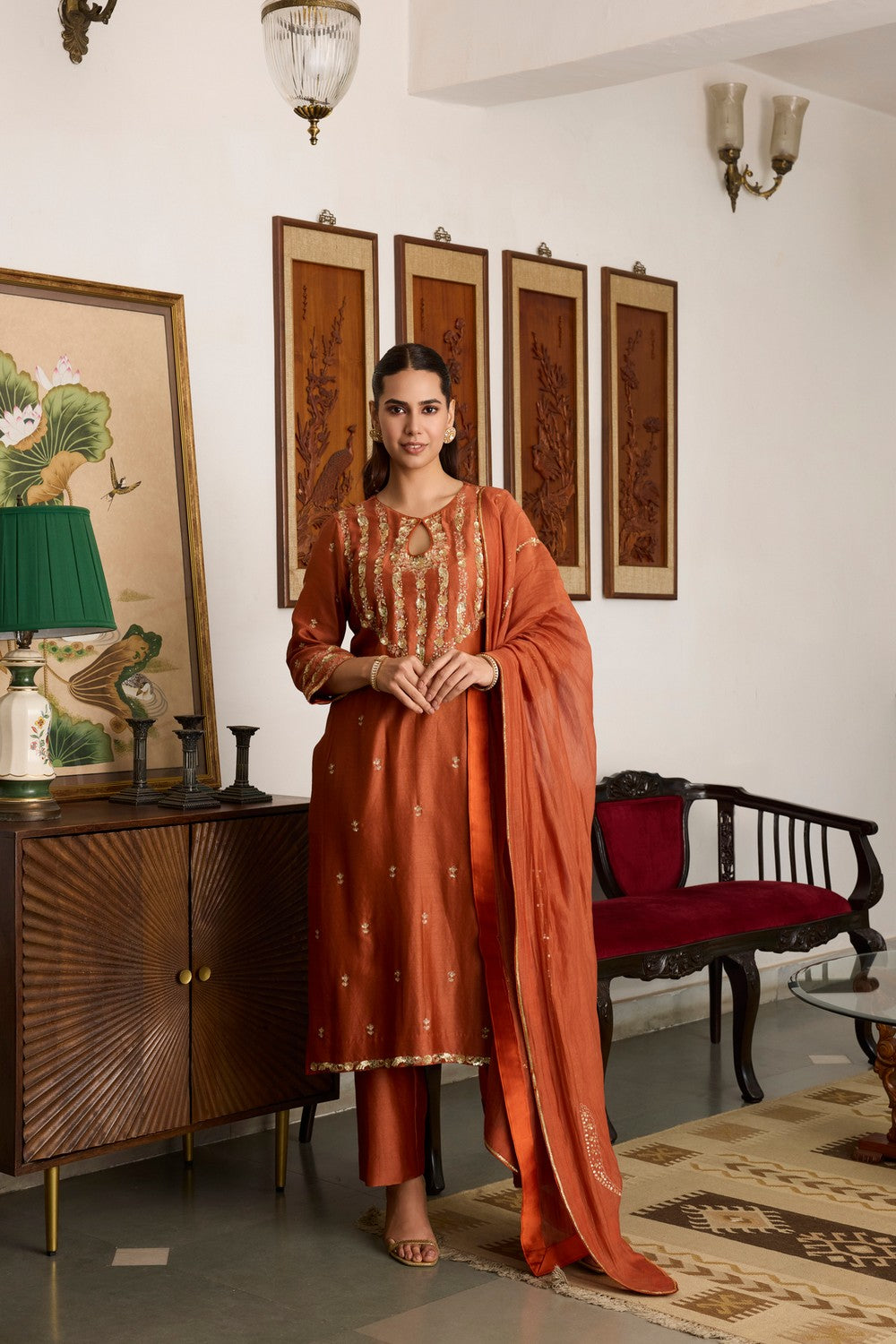 Brown Embroidered Chanderi Silk Suit