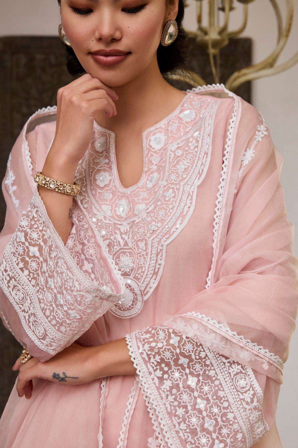 Pink Embroidered organza Suit