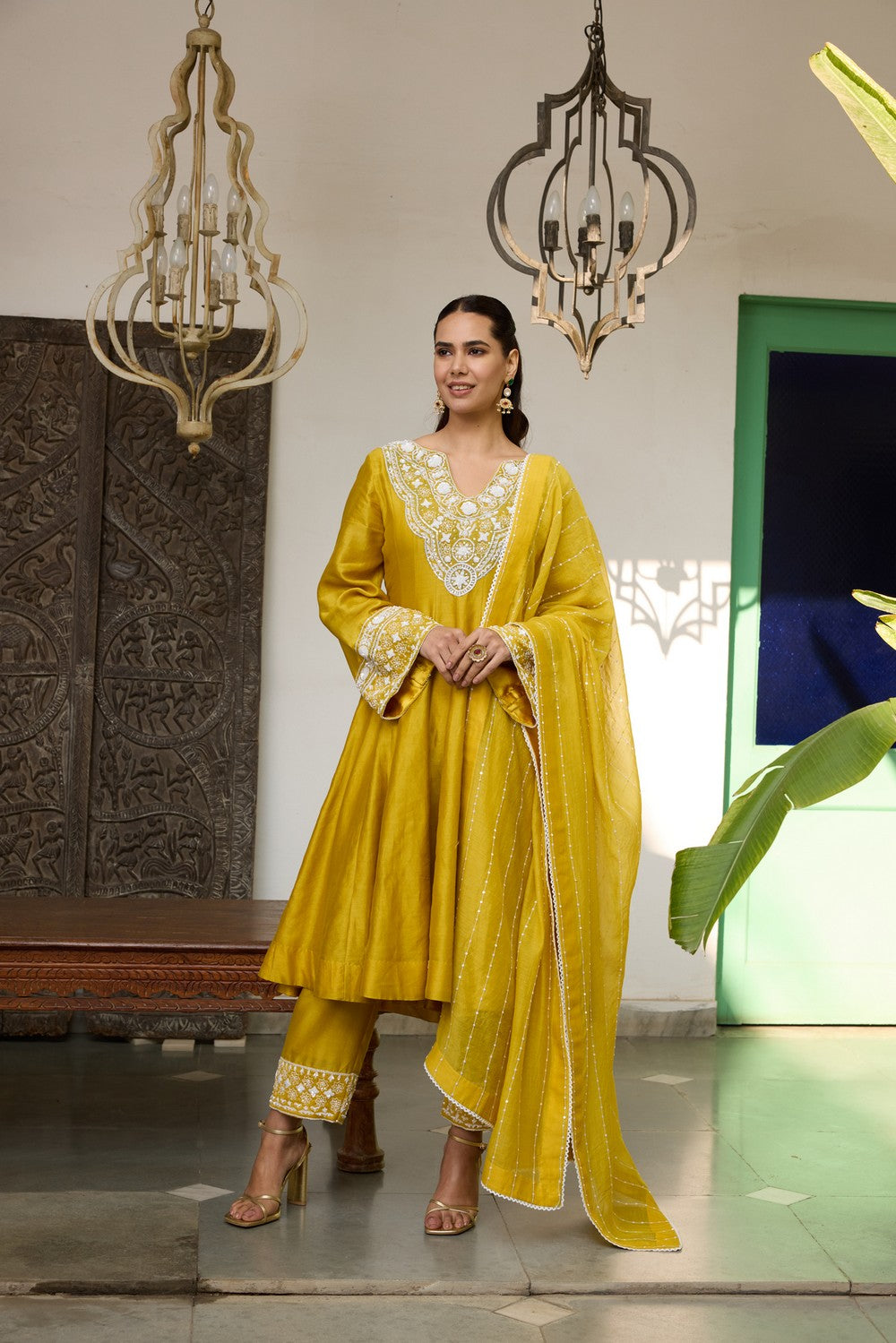 Yellow Embroidered chanderi Silk anarkali  Suit