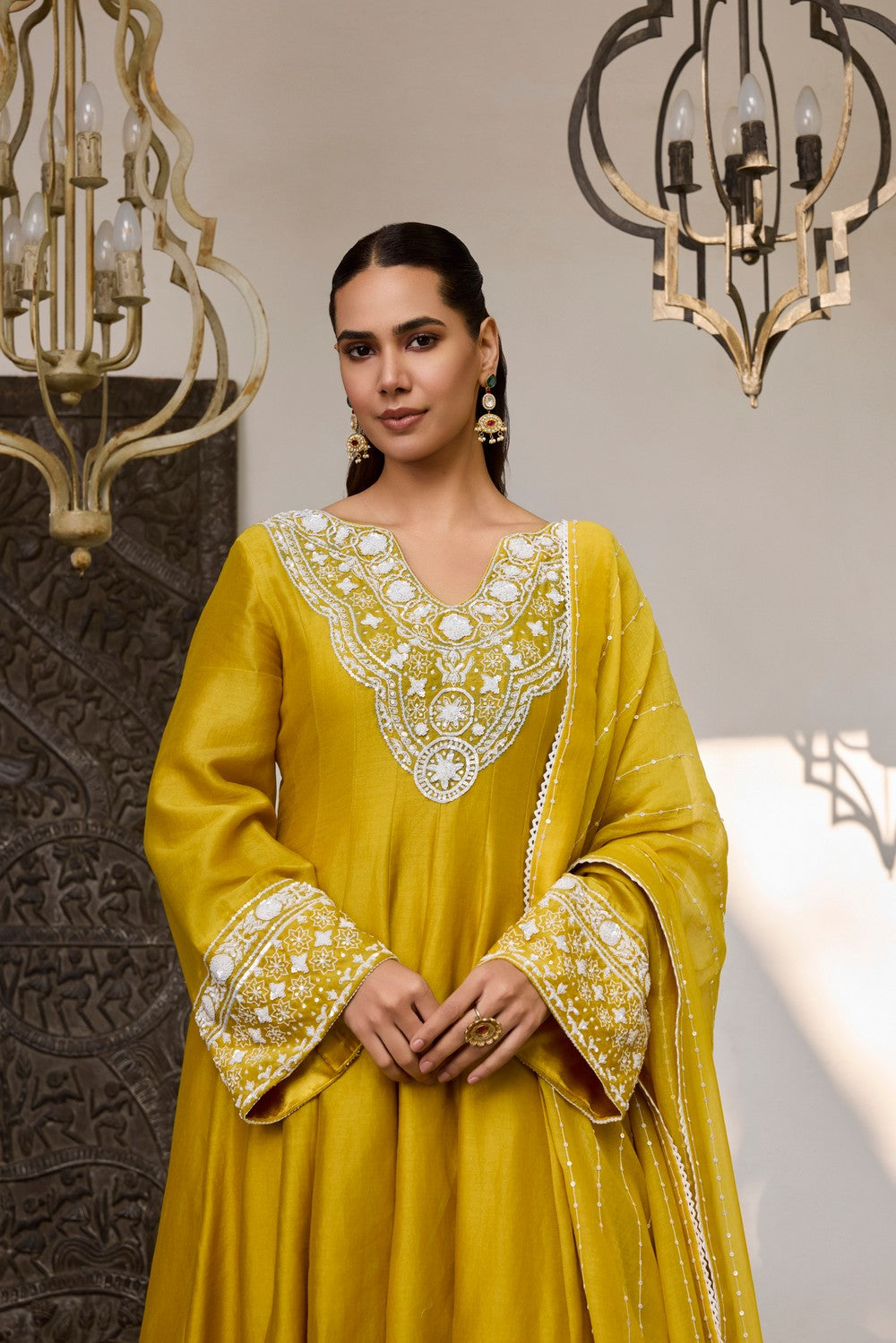 Yellow Embroidered chanderi Silk anarkali  Suit