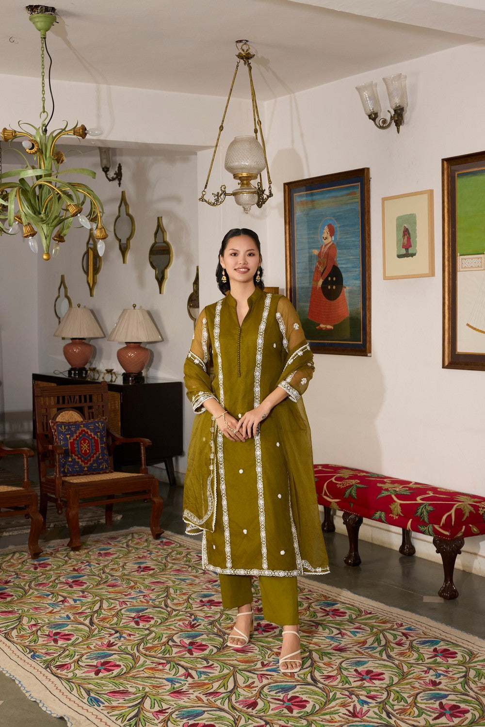 Green Embroidered organza Suit