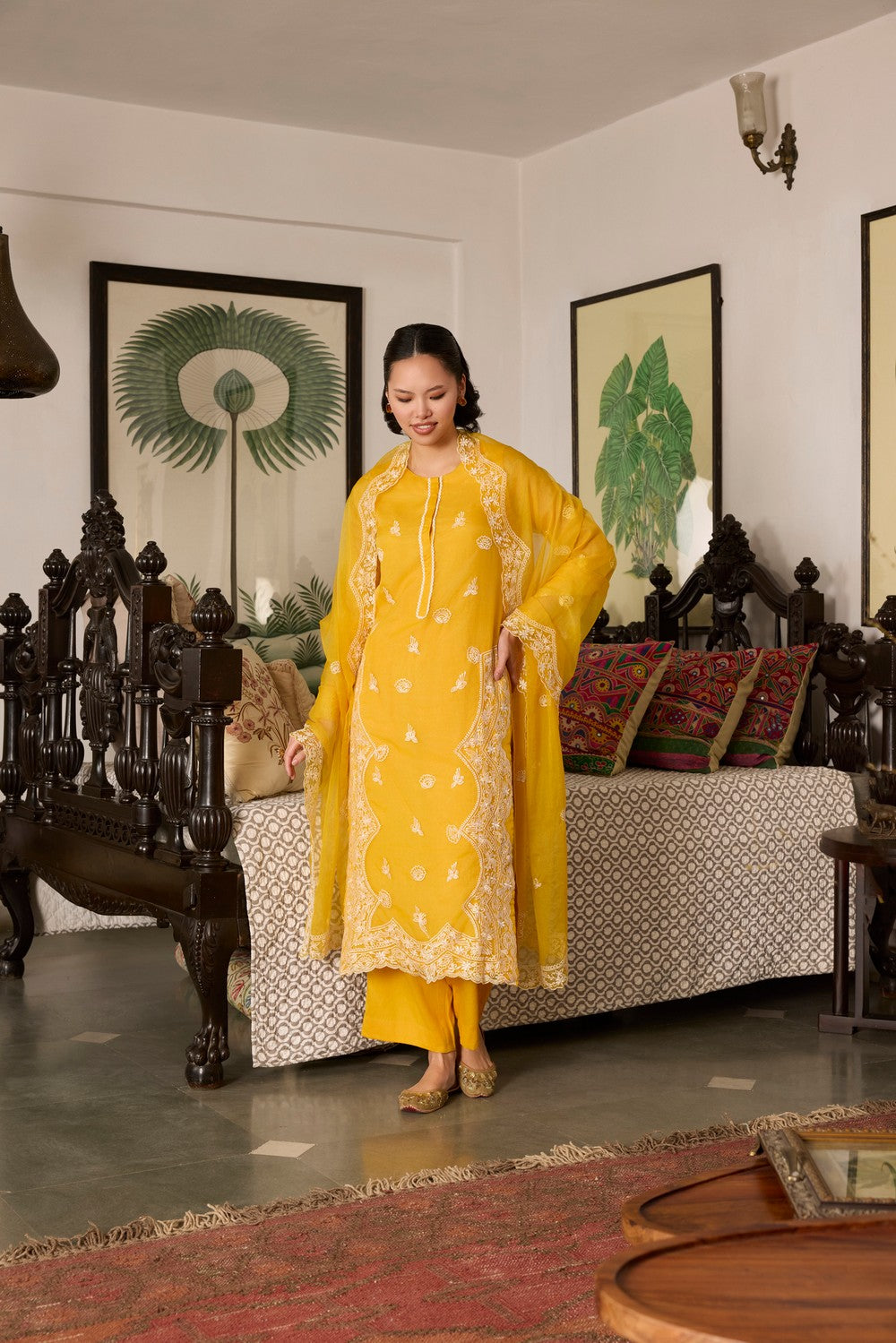 Yellow Embroidered organza Suit