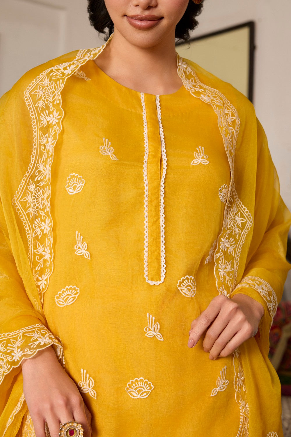 Yellow Embroidered organza Suit