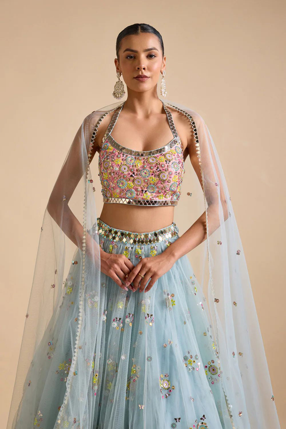 Multi Colour Net Lehenga Set