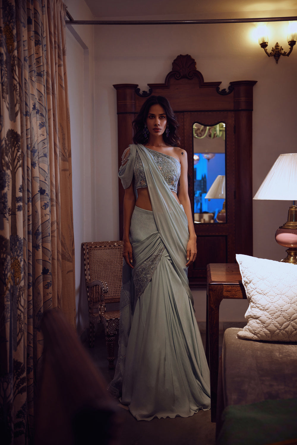 Partywear, Light Blue, Drape, Tulle, Hand Embroidery