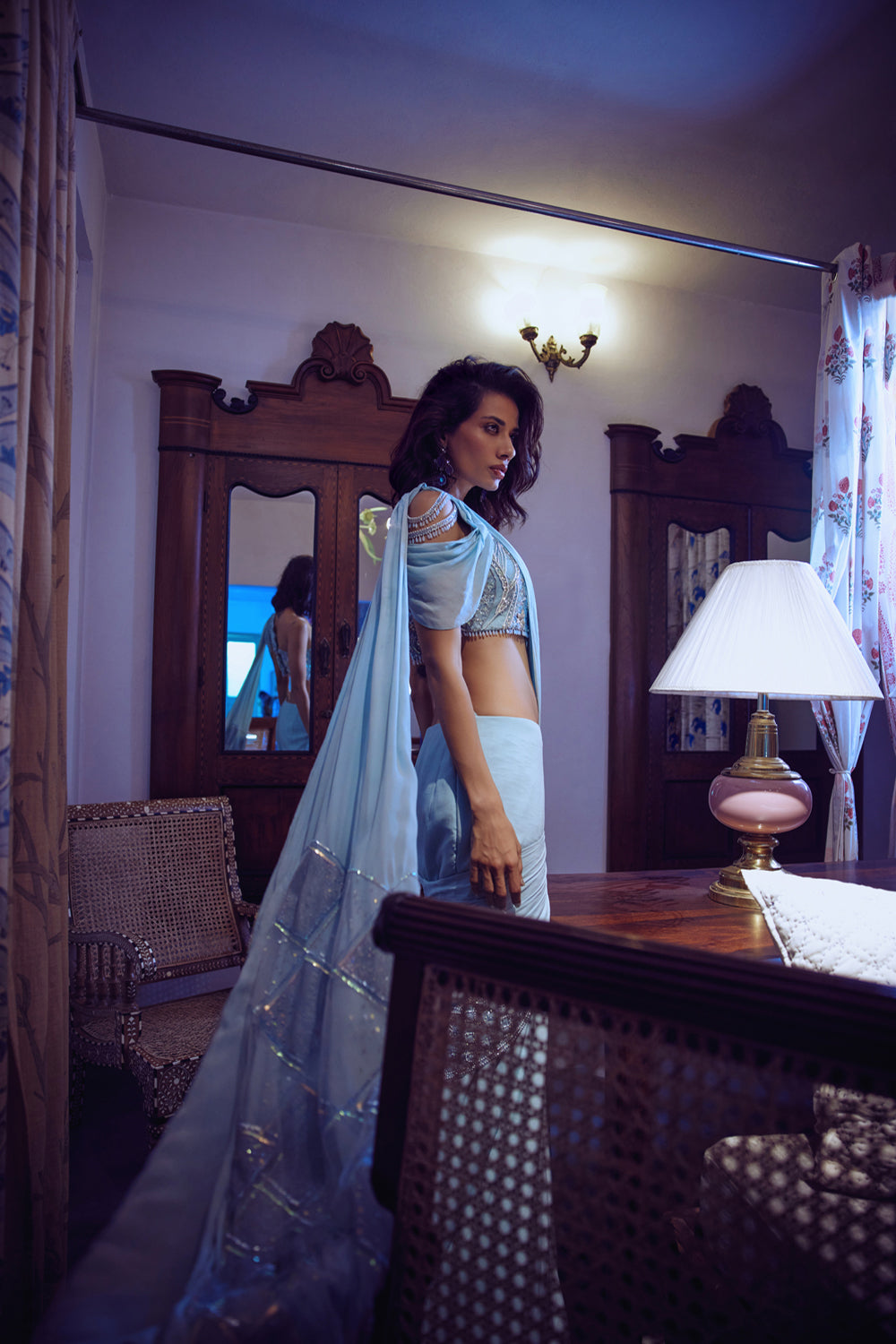 Partywear, Light Blue, Drape, Tulle, Hand Embroidery