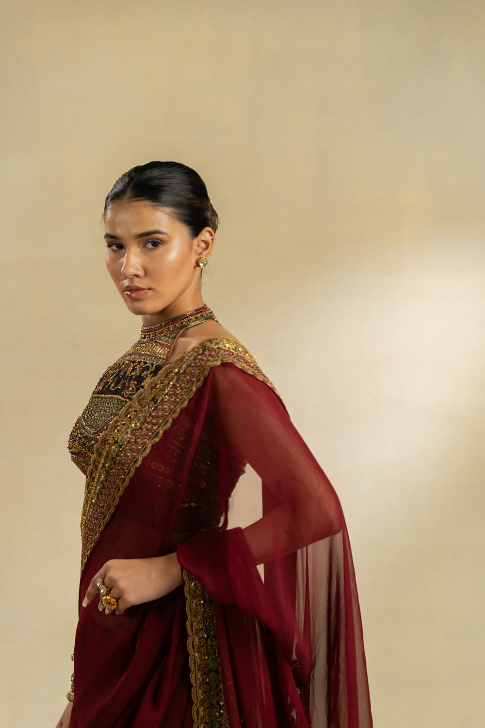 Pure Chiffon Saree And Emerald Green Blouse