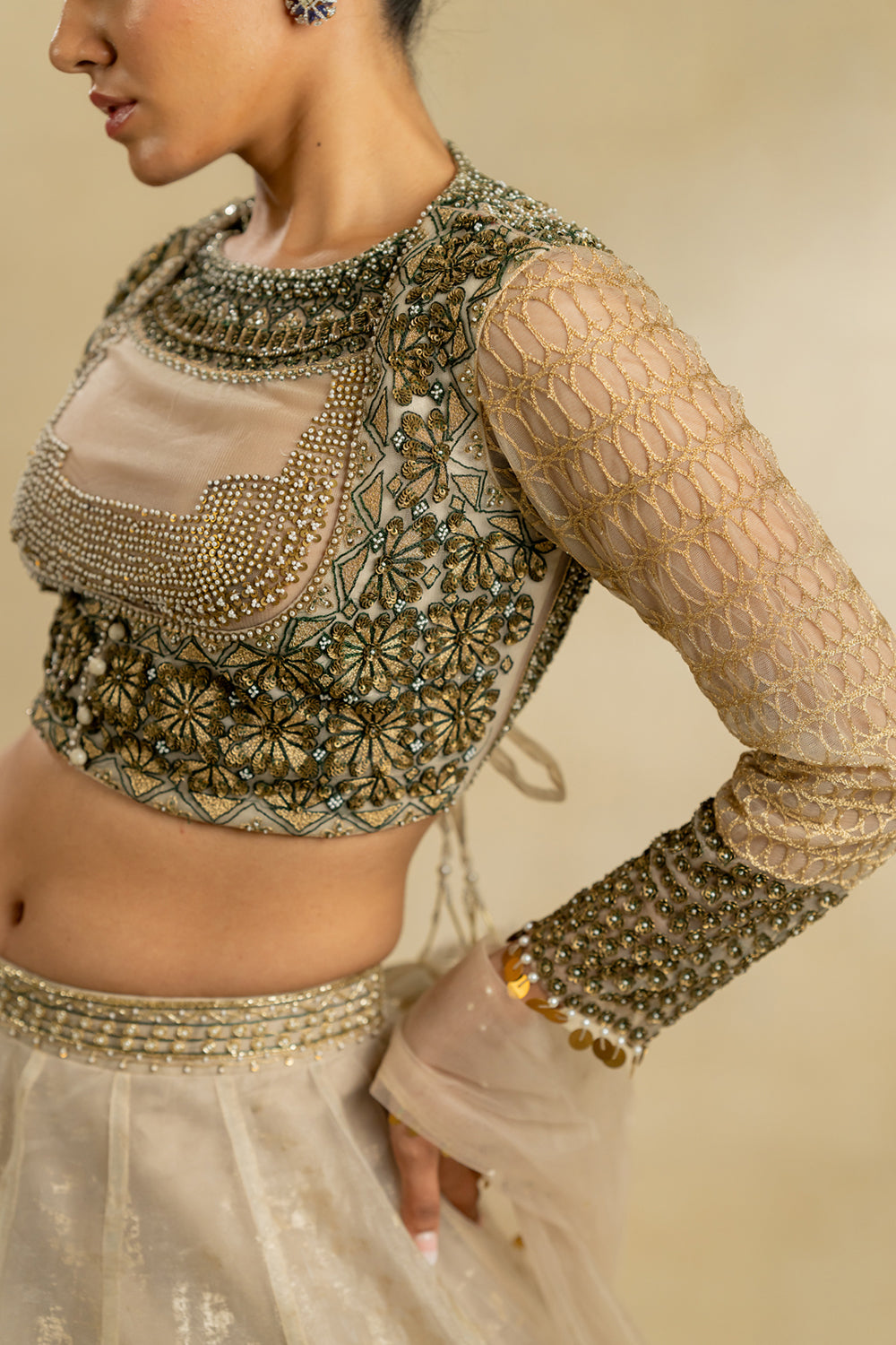 Ivory Foiled Organza Blouse And Lehenga