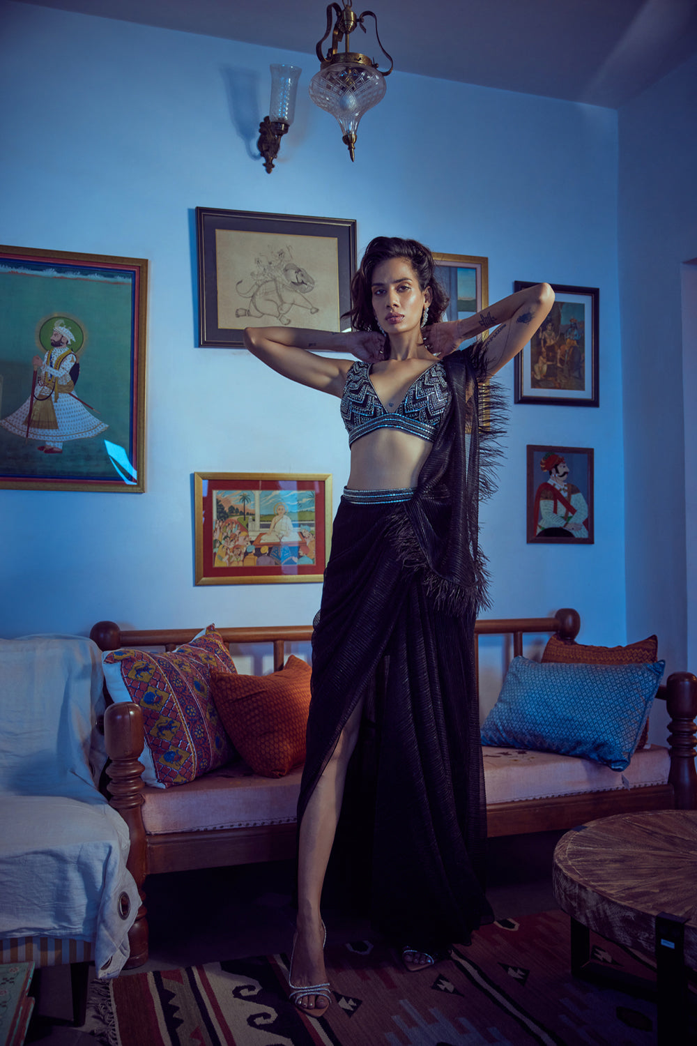 Statement Outfit, Black,  Hand Embroidery, Drape, French Fabric, Feathers