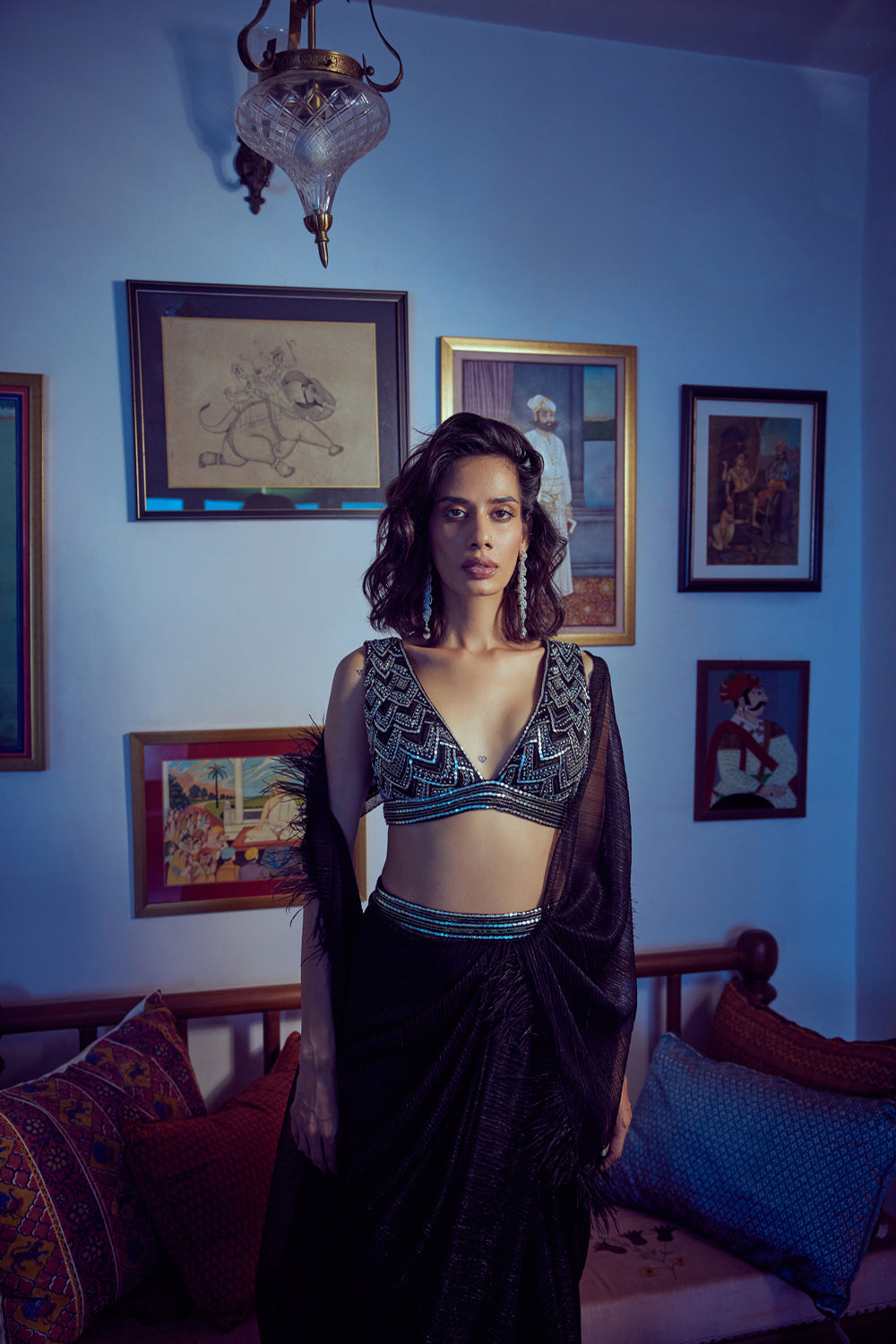 Statement Outfit, Black,  Hand Embroidery, Drape, French Fabric, Feathers