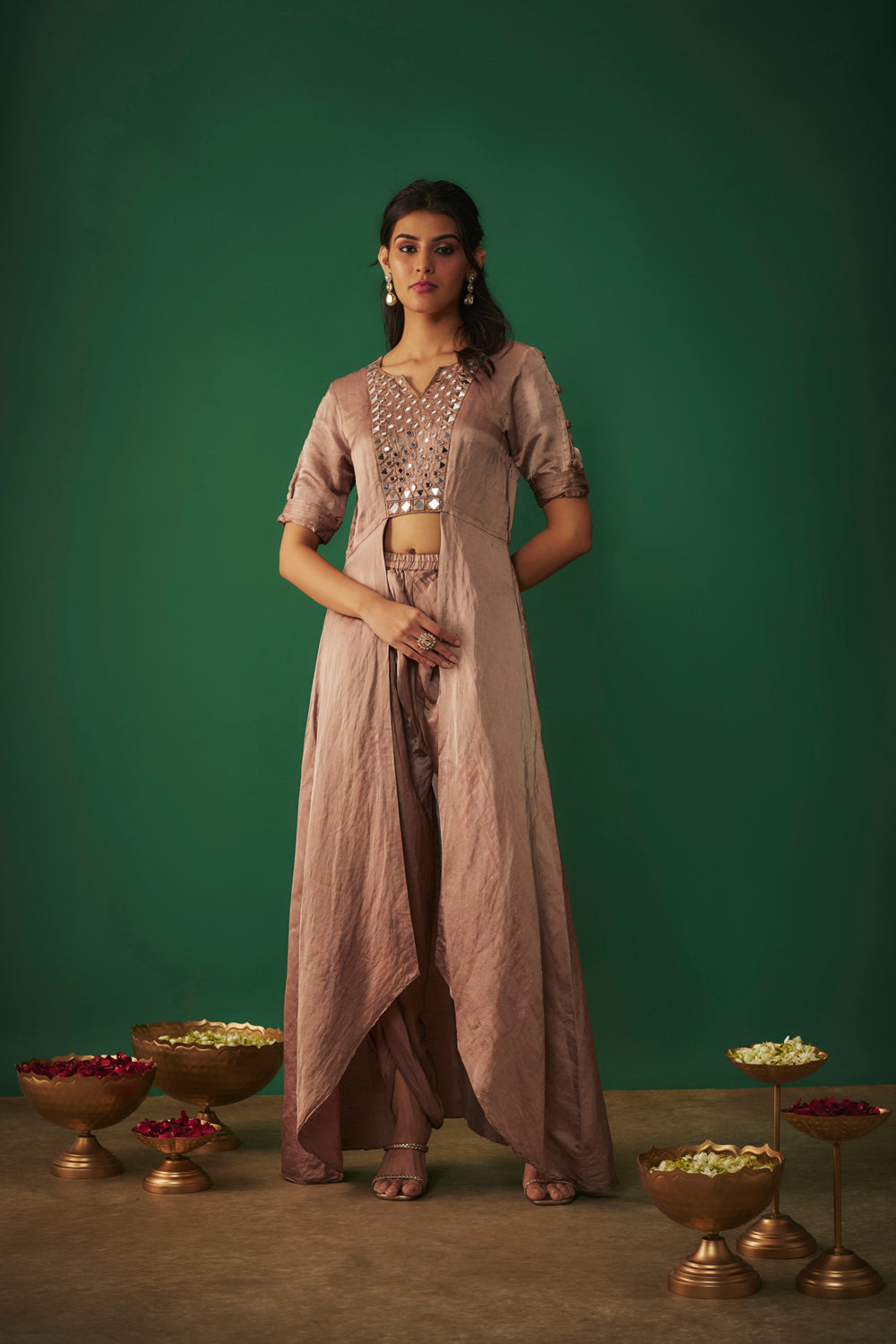Coffee Mirror Embroidered Front Open Kurta With Dhoti Set
