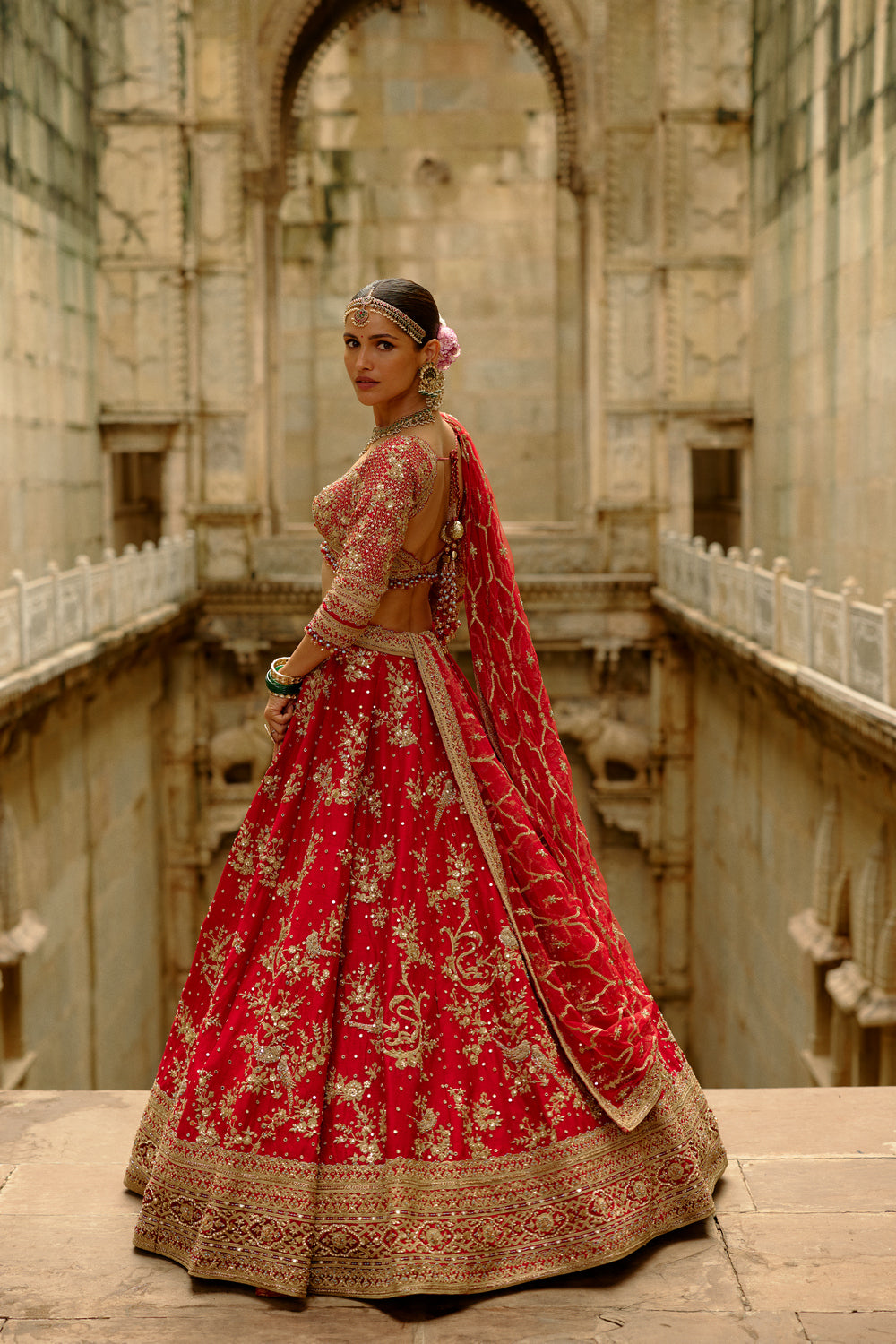 Red Raw Silk Lehenga With Multi-Bead Work