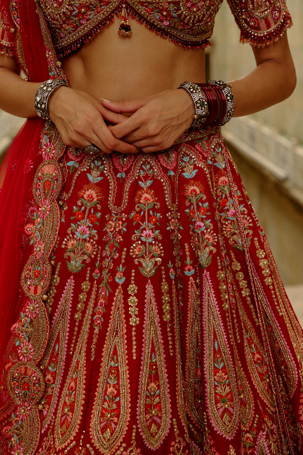 Red Raw Silk Multi-Resham Embroidery Lehenga Set