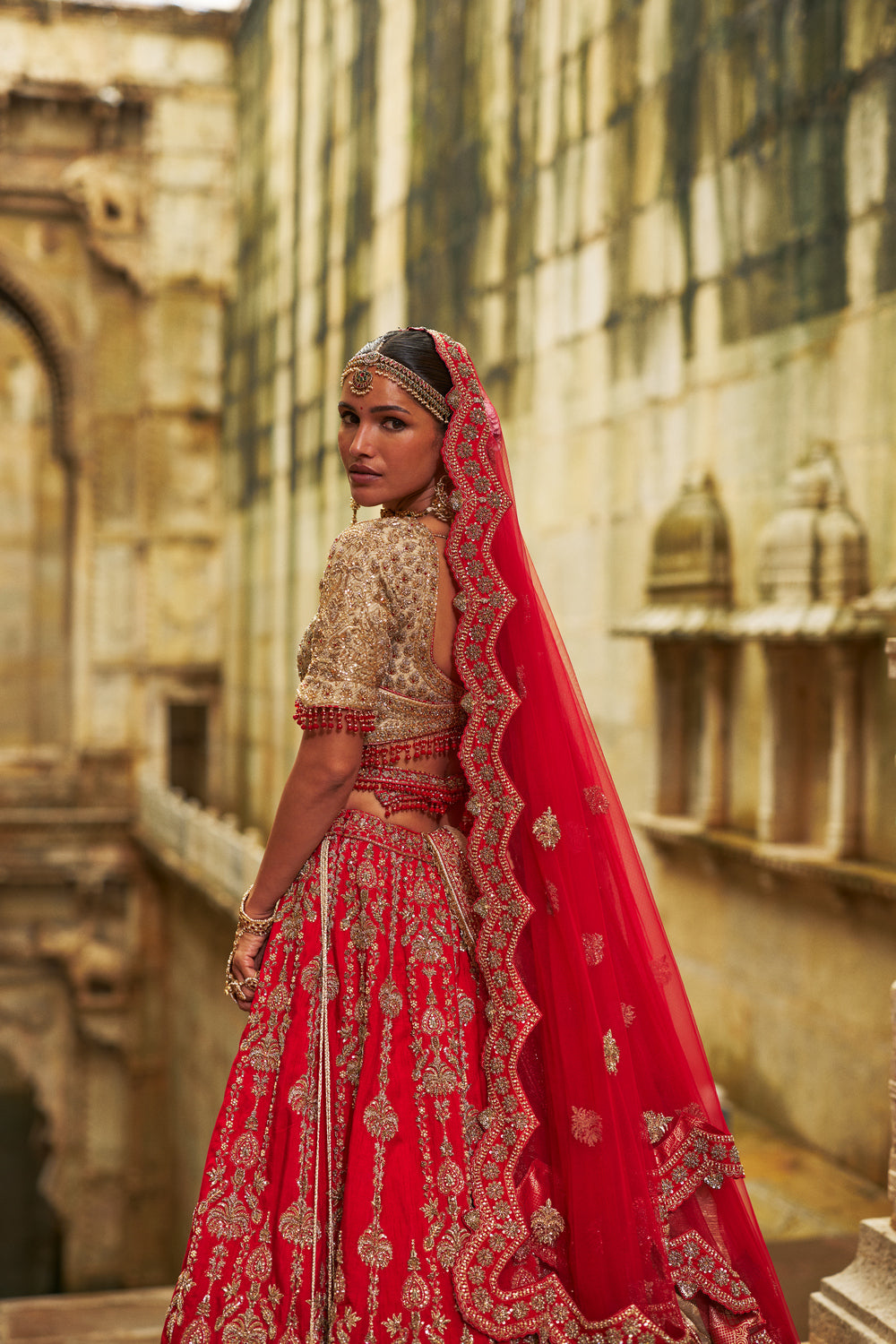 Red Raw Silk Lehenga And Gold Choli Set