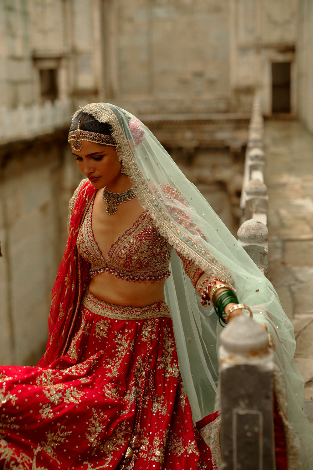 Red Raw Silk Lehenga With Multi-Bead Work